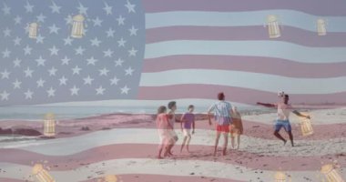 Amerika bayrağı ve bira ikonlarının animasyonu sahilde futbol oynayan farklı arkadaşlara karşı. Amerikan vatanseverliği, çeşitlilik ve tatil konsepti dijital olarak oluşturulmuş video.