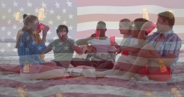 Animazione Bandiera Degli Stati Uniti Icone Birra Sopra Felici Amici — Video Stock