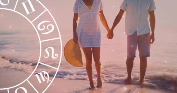 Анімація Гороскопа Рухається Над Подружньою Парою Тримає Руки Пляжі Стиль — стокове відео