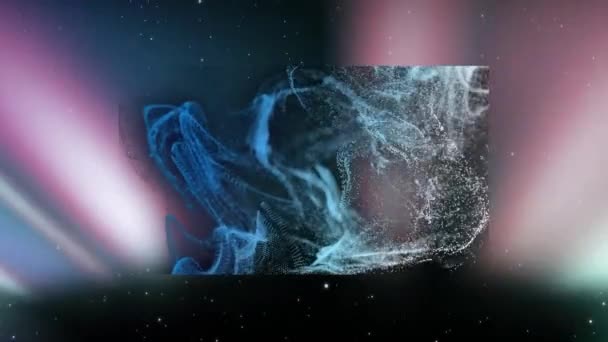 Animação Partículas Azuis Brancas Movendo Ondas Rede Sobre Feixes Luz — Vídeo de Stock