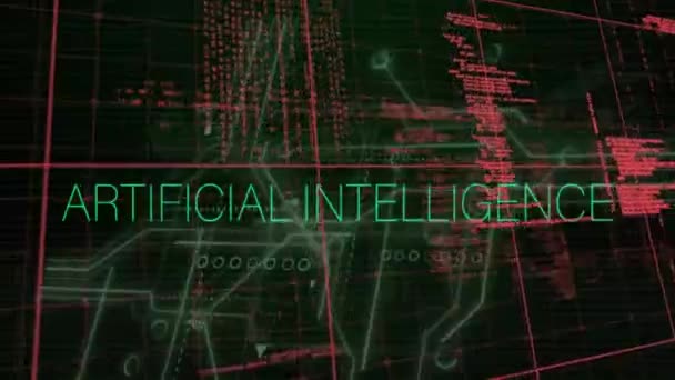 Animering Artificiell Intelligens Text Databehandling Över Mörk Bakgrund Global Artificiell — Stockvideo