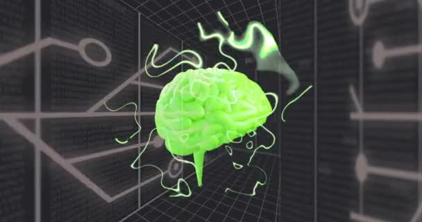 Animering Digitala Hjärnan Snurrar Över Anslutningar Teknik Vetenskap Och Digitalt — Stockvideo