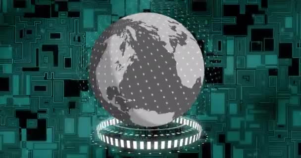 在绿色的形状上旋转的地球动画在运动 技术和数字接口概念数字生成的视频 — 图库视频影像