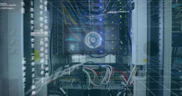 Анімація Синіх Круглих Сканерів Даних Обробки Діаграм Над Серверами Єднання — стокове відео