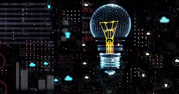 暗い背景で処理する電球とデジタルデータのアニメーション グローバル接続 コンピューティング データ処理コンセプトデジタル生成ビデオ — ストック動画