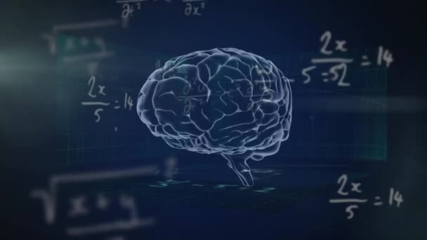 Animacja Równań Matematycznych Nad Wirującym Mózgiem Koncepcja Interfejsu Naukowego Cyfrowego — Wideo stockowe