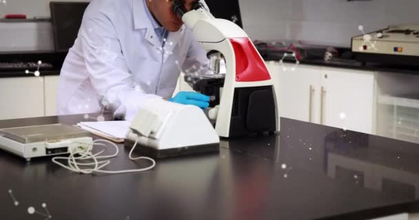 Mikroskop Altında Çalışan Çift Irklı Erkek Bilim Adamının Molekül Veri — Stok video