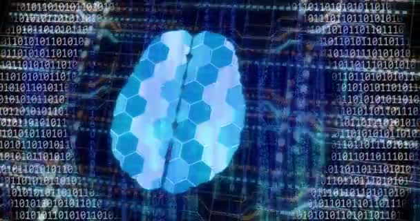 バイナリコーディングを介した接続を持つデジタル脳のアニメーション テクノロジー サイエンス デジタルインターフェースのコンセプトデジタル生成ビデオ — ストック動画