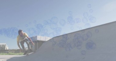 Kafkas kaykayının üzerindeki baloncuklar. küresel spor ve dijital arayüz kavramı dijital olarak oluşturulmuş görüntü.