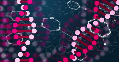 Veri işleme üzerinde DNA ipliği resmi. Küresel iş ve dijital arayüz kavramı dijital olarak oluşturulmuş görüntü.