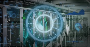 Sunucu odasında tarama ve matematiksel denklemlerin görüntüsü. Küresel teknoloji, bilgisayar ve dijital arayüz kavramı dijital olarak oluşturulmuş görüntü.