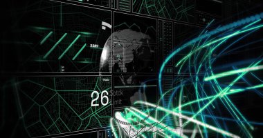 Işıklı, sayılı ve verili dijital ekran görüntüsü. Renk, şekil, hareket, veri ve teknoloji konsepti dijital olarak oluşturulmuş görüntü.