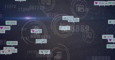 Sosyal medya tepkisi görüntüsü ve sayılarla dijital alan üzerinde teknik simgeler. Küresel ağ, iletişim ve teknoloji konsepti dijital olarak oluşturuldu.