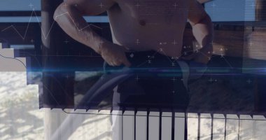 Kafkasyalı sörfçü üzerinden dijital veri işleme görüntüsü. Küresel bağlantılar, veri işleme ve dijital arayüz konsepti dijital olarak oluşturulmuş resim.