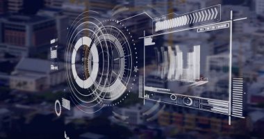 Manzara üzerindeki veri işleme ve tarama görüntüsü. küresel bağlantılar, dijital arayüz ve teknoloji konsepti dijital olarak oluşturulmuş görüntü.