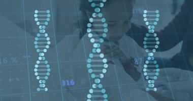 DNA 'nın görüntüsü tıbbi veri işleme, çift ırklı anne ve kız hasta. Küresel sağlık, bilim, tıp, araştırma, bilgisayar ve veri işleme kavramı dijital olarak oluşturulmuş görüntü.