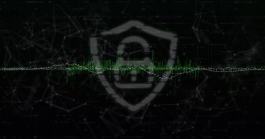 Güvenlik asma kilit simgesi üzerinde veri işleme ve siyah arkaplana karşı bağlantı ağı. Siber güvenlik ve iş teknolojisi kavramı