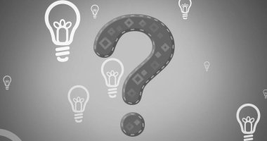 Image of question mark over lightbulbs on grey background. Global education and digital interface concept digitally generated image.