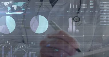 Kafkas erkek doktor yazıları üzerinden finansal verilerin görüntüsü. finans, ekonomi, tıp, sağlık ve teknoloji konsepti dijital olarak oluşturulmuş görüntü.