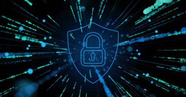 Veri işleme görüntüsü ve siyah arkaplan üzerindeki asma kilit. dijital arayüz ve veri işleme kavramı dijital olarak oluşturuldu.