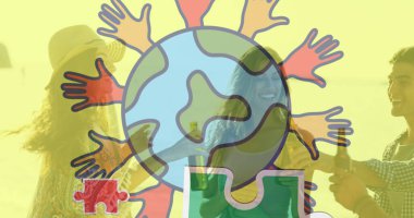 Renkli yapboz parçaları ve yazlık plaj partisinde mutlu arkadaşlara el uzatan bir küre. otizm, öğrenme güçlüğü, destek ve farkındalık kavramı dijital olarak oluşturulmuş görüntü.