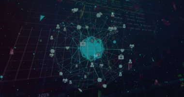 Mavi arka planda veri işleme üzerinde dönen tıbbi simgeler küresi. Küresel ağ ve iş teknolojisi kavramı