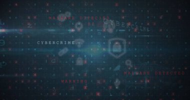 Siyah arkaplanda simge ve veri işleme resimleri. Küresel teknoloji, bilgisayar ve dijital arayüz kavramı dijital olarak oluşturulmuş görüntü.