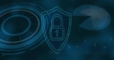 Tarayıcıların üzerinde asma kilit görüntüsü, veri işleme, karanlık arayüzde. Küresel iletişim, iş dünyası, veri güvenliği ve dijital arayüz konsepti dijital olarak oluşturulmuş görüntü.