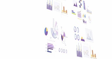 Beyaz arkaplan üzerinde istatistik ve finansal veri işleme resmi. Küresel iş, finans, hesaplama, veri işleme, dijital arayüz ve bağlantılar konsepti dijital olarak oluşturuldu.