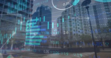 Şehir manzarası üzerinde veri işleme resmi. küresel iş ve dijital arayüz kavramı dijital olarak oluşturulmuş görüntü.