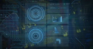 Sunucu odasında veri işleme resmi. Küresel bilim, bağlantılar, veri işleme ve dijital arayüz kavramı dijital olarak oluşturuldu.