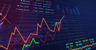 Karanlık arka planda finansal veri işleme resmi. Küresel iş, finans ve veri işleme kavramı dijital olarak oluşturulmuş görüntü.