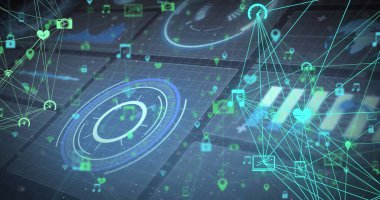 Izgara üzerindeki ekranlarda bağlantı ağları, tarama kapsamı ve veri işleme resimleri. küresel bağlantılar, teknoloji ve dijital arayüz kavramı dijital olarak oluşturulmuş görüntü.