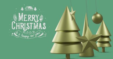 Image of merry christmas and a happy new year text over decorations on green background. Christmas, tradition and celebration concept digitally generated image. clipart