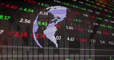 Şehir manzarası üzerinde veri işleme ve küre resmi. küresel teknoloji ve dijital arayüz kavramı dijital olarak oluşturulmuş görüntü.