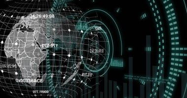 Veri işleme ve tarama alanının üzerindeki dünya görüntüsü. Küresel hesaplama, dijital arayüz ve veri işleme kavramı dijital olarak oluşturuldu.