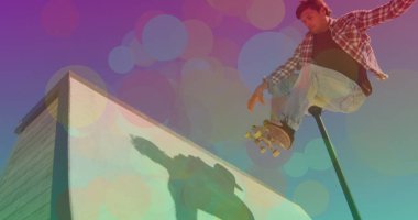 Kafkas kaykayının üzerindeki renkli noktaların görüntüsü. küresel spor ve dijital arayüz kavramı dijital olarak oluşturulmuş görüntü.