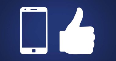 Katı mavi arkaplan karşısında başparmağının yanında beyaz bir akıllı telefon simgesi, sosyal medya veya dijital onay öneriyor.