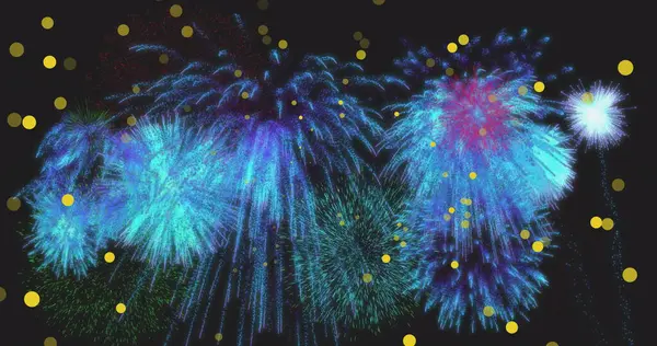 青い新年の花火が夜空で爆発する黄色い斑点のイメージ パーティー お祝い 伝統的なコンセプトがデジタルで生成されたイメージ — ストック写真