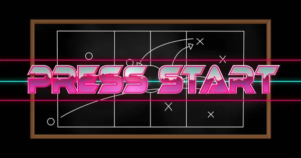 Image of press start text over drawing of game plan on black background. sports and competition concept digitally generated image.