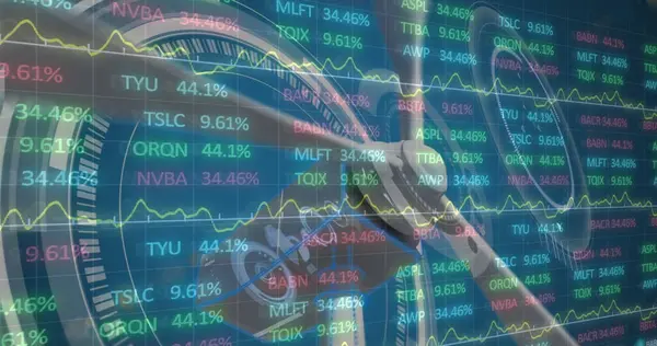 緑の株式市場のティッカーおよびグラフが付いている株式市場の表示 総合的なコンセプトは 金融とビジネス株式市場の成長です — ストック写真