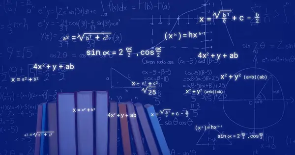 Imagine Ecuațiilor Matematice Peste Cărți Fundal Albastru Conceptul Educație Învățare — Fotografie, imagine de stoc