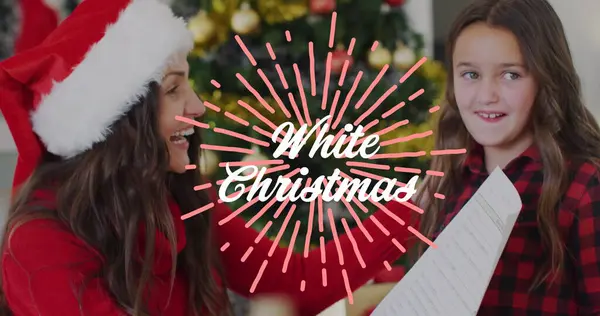 Image White Christmas Text Caucasian Woman Daughter Wearing Santa Hats — Stock Photo, Image