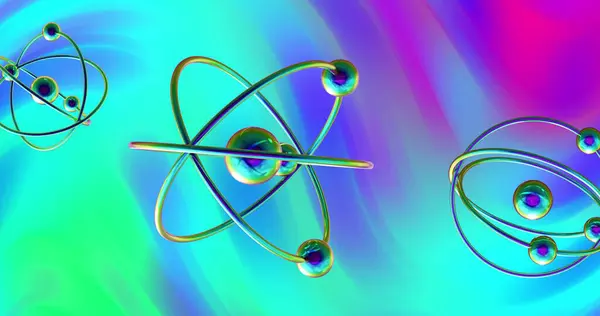 Image Atom Models Spinning Multicoloured Vibrant Background Global Science Research — Stock Photo, Image