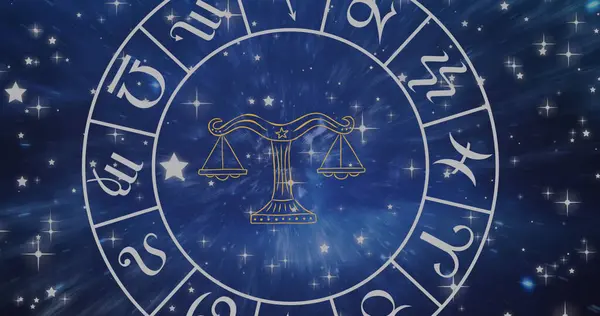 Sammansättning Libra Stjärntecken Symbol Snurrande Zodiak Hjul Över Glödande Stjärnor — Stockfoto