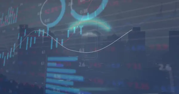 Stock image Image of battery icon in circle over graphs and trading board against modern cityscape. Digital composite, multiple exposure, report, business, growth, architecture and stock market concept.