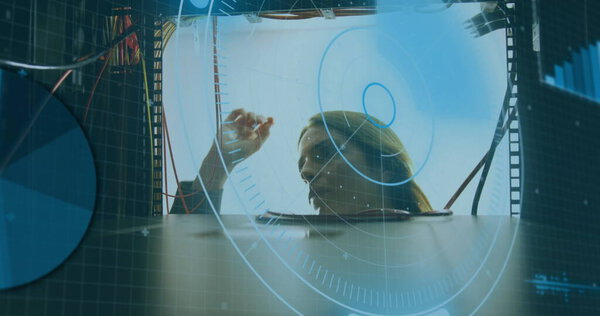 Image of scope scanning and data over caucasian female it technician by computer server. global computing and data processing concept digitally generated image.