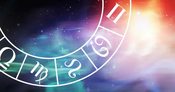 Image Gemini Star Sign Symbol Spinning Horoscope Wheel Glowing Stars — Stock Photo, Image