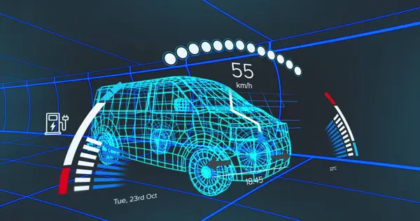黒い背景のデジタルバンモデル上の車のインターフェイスのイメージ グローバルな輸送 テクノロジー デジタルインターフェースのコンセプトをデジタルで生成 — ストック写真