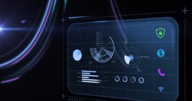 Finansal veri işleme animasyonunun siyah arkaplandaki ışık izlerinin üzerinden geçişi. Finansal, ticari, bilgisayar ve dijital arayüz kavramı dijital olarak oluşturulmuş video.